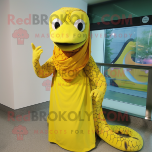 Yellow Anaconda mascot costume character dressed with a Sheath Dress and Scarf clips