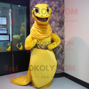 Yellow Anaconda mascot costume character dressed with a Sheath Dress and Scarf clips