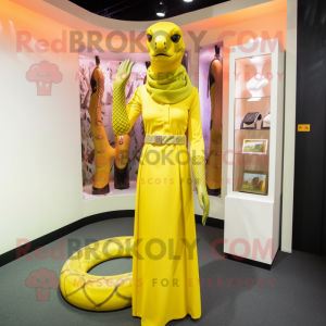 Yellow Anaconda mascot costume character dressed with a Sheath Dress and Scarf clips