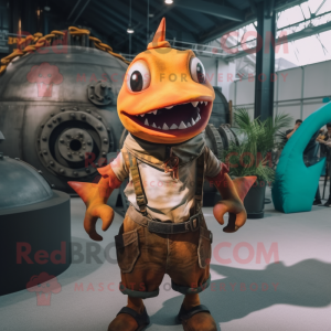 Rust Swordfish mascot costume character dressed with a Tank Top and Necklaces