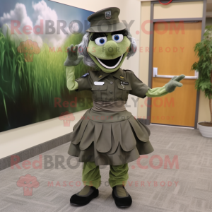 Gray Green Beret mascot costume character dressed with a Pleated Skirt and Shoe clips