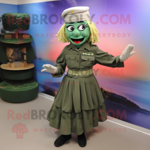 Gray Green Beret mascot costume character dressed with a Pleated Skirt and Shoe clips