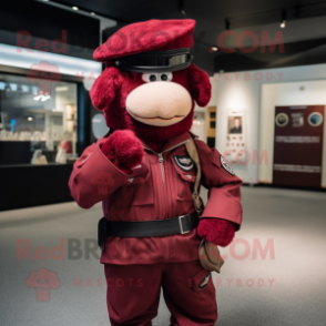 Maroon Special Air Service mascot costume character dressed with a Shift Dress and Caps