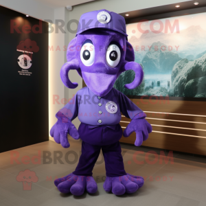 Purple Octopus mascot costume character dressed with a Polo Tee and Lapel pins