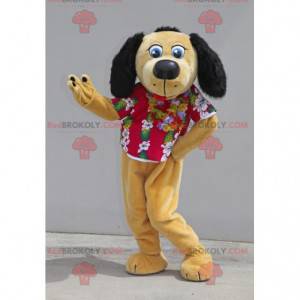 Beige and black dog mascot with a floral shirt - Redbrokoly.com