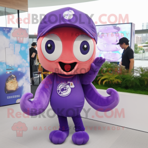 Purple Octopus mascot costume character dressed with a Polo Tee and Lapel pins