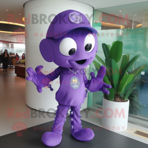 Purple Octopus mascot costume character dressed with a Polo Tee and Lapel pins