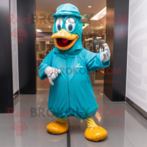 Teal Pendant mascot costume character dressed with a Raincoat and Belts