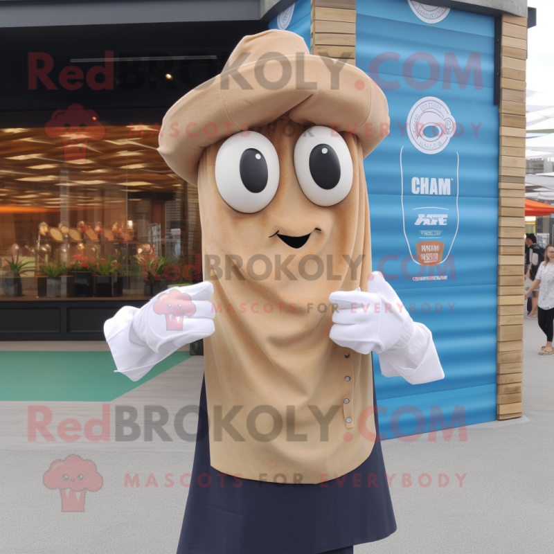 Tan Fried Calamari mascot costume character dressed with a V-Neck Tee and Pocket squares Tan Fried Calamari mascot costume character dressed with a V-Neck Tee and Pocket squares