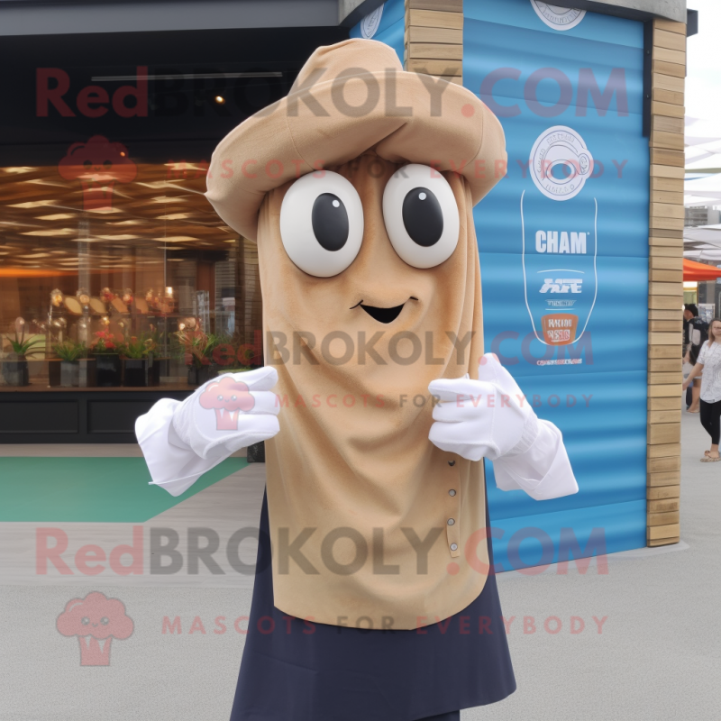 Tan Fried Calamari mascot costume character dressed with a V-Neck Tee and Pocket squares