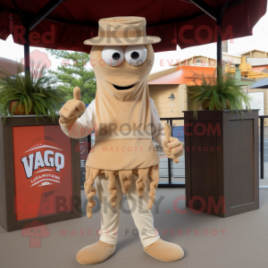 Tan Fried Calamari mascot costume character dressed with a V-Neck Tee and Pocket squares