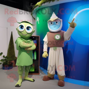 Olive Magician mascot costume character dressed with a Playsuit and Smartwatches