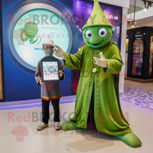 Olive Magician mascot costume character dressed with a Playsuit and Smartwatches