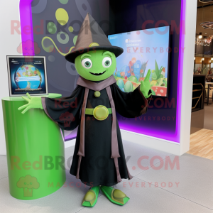 Olive Magician mascot costume character dressed with a Playsuit and Smartwatches