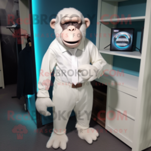 White Chimpanzee mascot costume character dressed with a Shift Dress and Tie pins