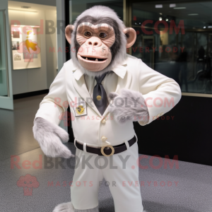 White Chimpanzee mascot costume character dressed with a Shift Dress and Tie pins