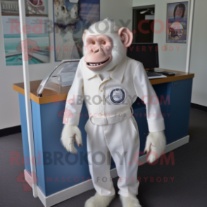 White Chimpanzee mascot costume character dressed with a Shift Dress and Tie pins