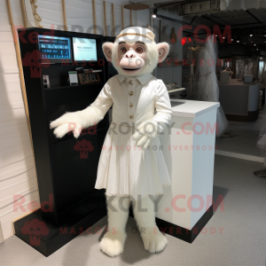 White Chimpanzee mascot costume character dressed with a Shift Dress and Tie pins