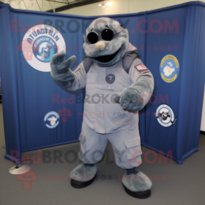 Gray Navy Seal mascot costume character dressed with a Bodysuit and Wraps