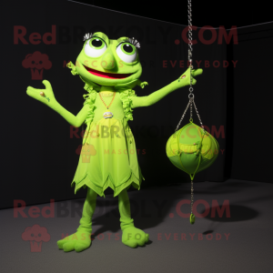 Lime Green Trapeze Artist mascot costume character dressed with a A-Line Dress and Keychains