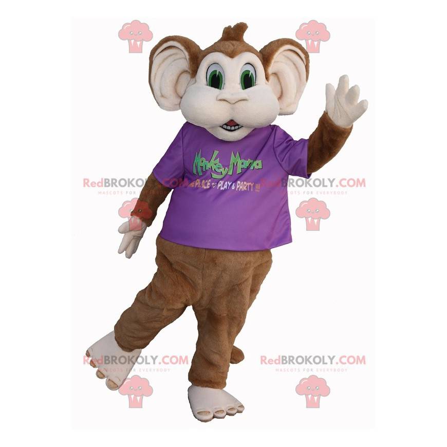Hnědý a bílý opice maskot se zelenýma očima - Redbrokoly.com