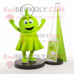 Lime Green Trapeze Artist mascot costume character dressed with a A-Line Dress and Keychains