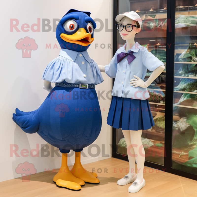 Blue Muscovy Duck mascot costume character dressed with a Mini Skirt and Eyeglasses