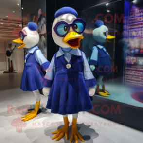 Blue Muscovy Duck mascot costume character dressed with a Mini Skirt and Eyeglasses