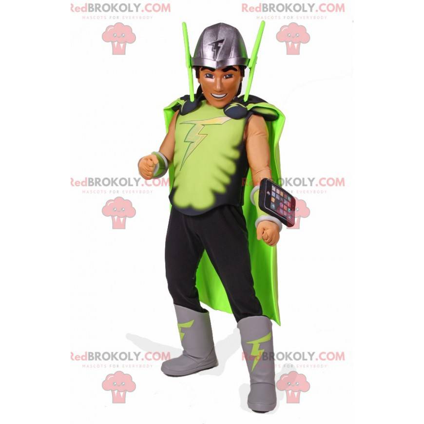 Mascote do super-herói com fantasia e telefone celular -