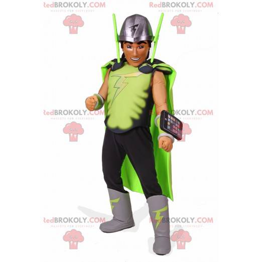 Superhelt-maskot med kostyme og mobiltelefon - Redbrokoly.com