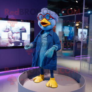 Blue Muscovy Duck mascot costume character dressed with a Mini Skirt and Eyeglasses