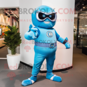 Blue Superhero mascot costume character dressed with a Corduroy Pants and Bracelet watches