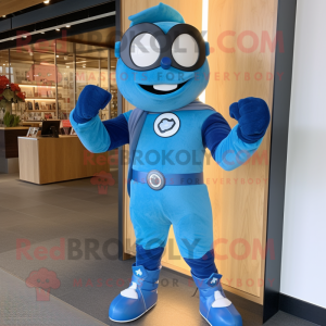 Blue Superhero mascot costume character dressed with a Corduroy Pants and Bracelet watches