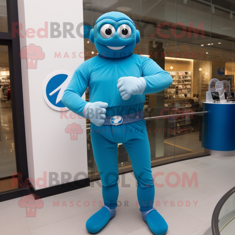 Blue Superhero mascot costume character dressed with a Corduroy Pants and Bracelet watches