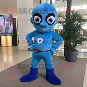 Blue Superhero mascot costume character dressed with a Corduroy Pants and Bracelet watches