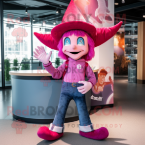 Magenta Tooth Fairy mascot costume character dressed with a Skinny Jeans and Hats