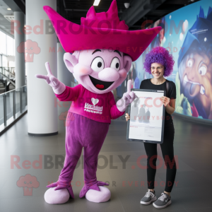 Magenta Tooth Fairy mascot costume character dressed with a Skinny Jeans and Hats
