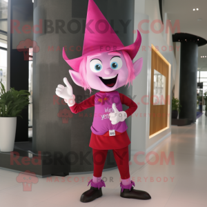 Magenta Tooth Fairy mascot costume character dressed with a Skinny Jeans and Hats