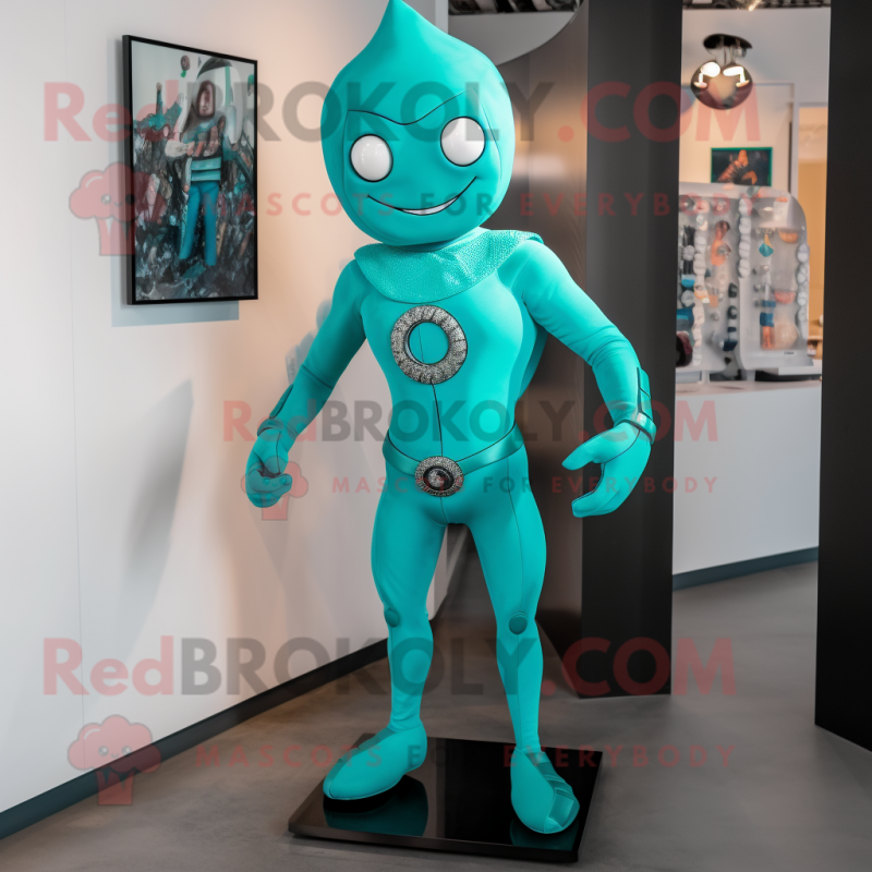 Teal Superhero mascot costume character dressed with a Leggings and Earrings Teal Superhero mascot costume character dressed with a Leggings and Earrings