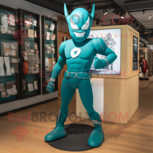 Teal Superhero mascot costume character dressed with a Leggings and Earrings