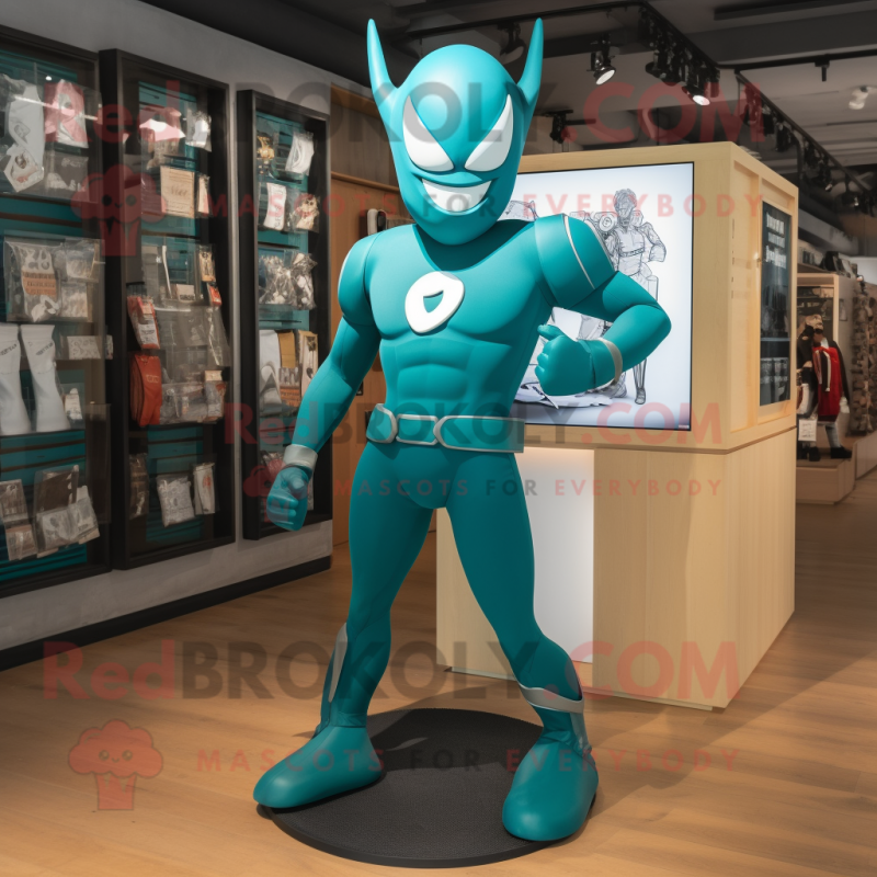 Teal Superhero mascot costume character dressed with a Leggings and Earrings Teal Superhero mascot costume character dressed with a Leggings and Earrings