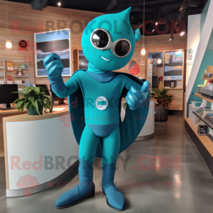 Teal Superhero mascot costume character dressed with a Leggings and Earrings