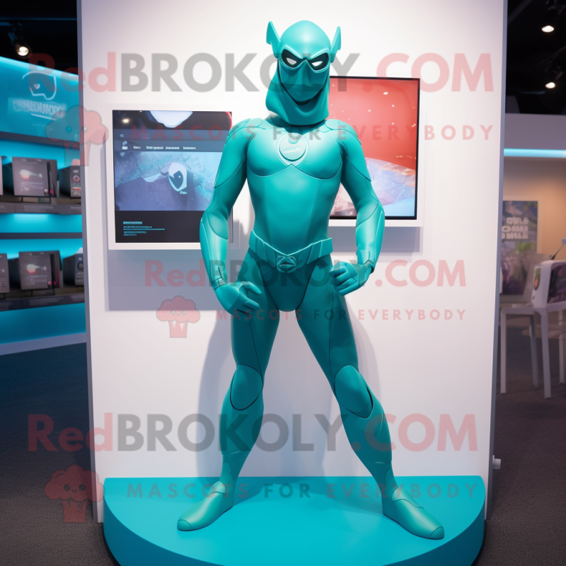 Teal Superhero mascot costume character dressed with a Leggings and Earrings Teal Superhero mascot costume character dressed with a Leggings and Earrings