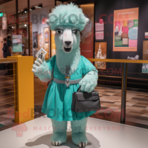 Teal Alpaca mascot costume character dressed with a Blouse and Handbags