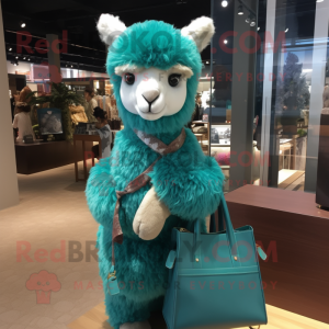 Teal Alpaca mascot costume character dressed with a Blouse and Handbags