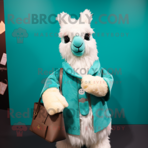 Teal Alpaca mascot costume character dressed with a Blouse and Handbags