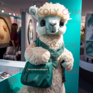 Teal Alpaca mascot costume character dressed with a Blouse and Handbags