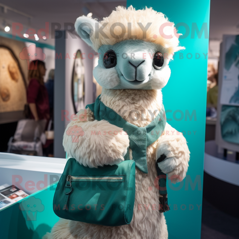 Teal Alpaca mascot costume character dressed with a Blouse and Handbags Teal Alpaca mascot costume character dressed with a Blouse and Handbags