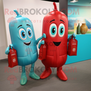 Turquoise Bottle Of Ketchup mascot costume character dressed with a Skinny Jeans and Handbags