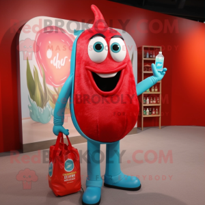 Turquoise Bottle Of Ketchup mascot costume character dressed with a Skinny Jeans and Handbags